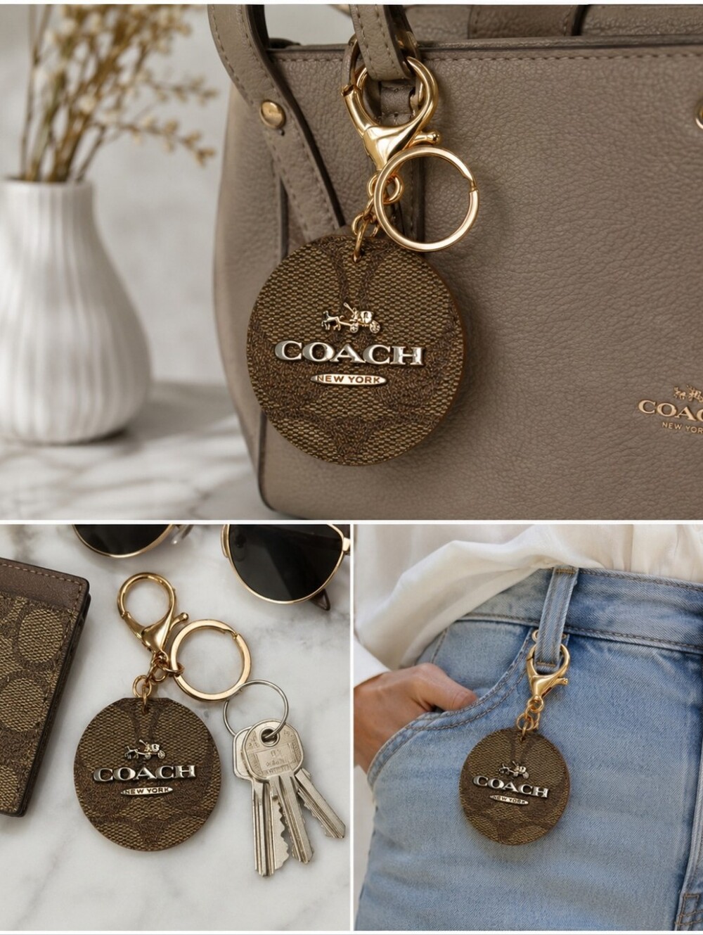 Upcycled Coach Monogram Signature Round Keyring Bag Charm, Made From Damaged Bag